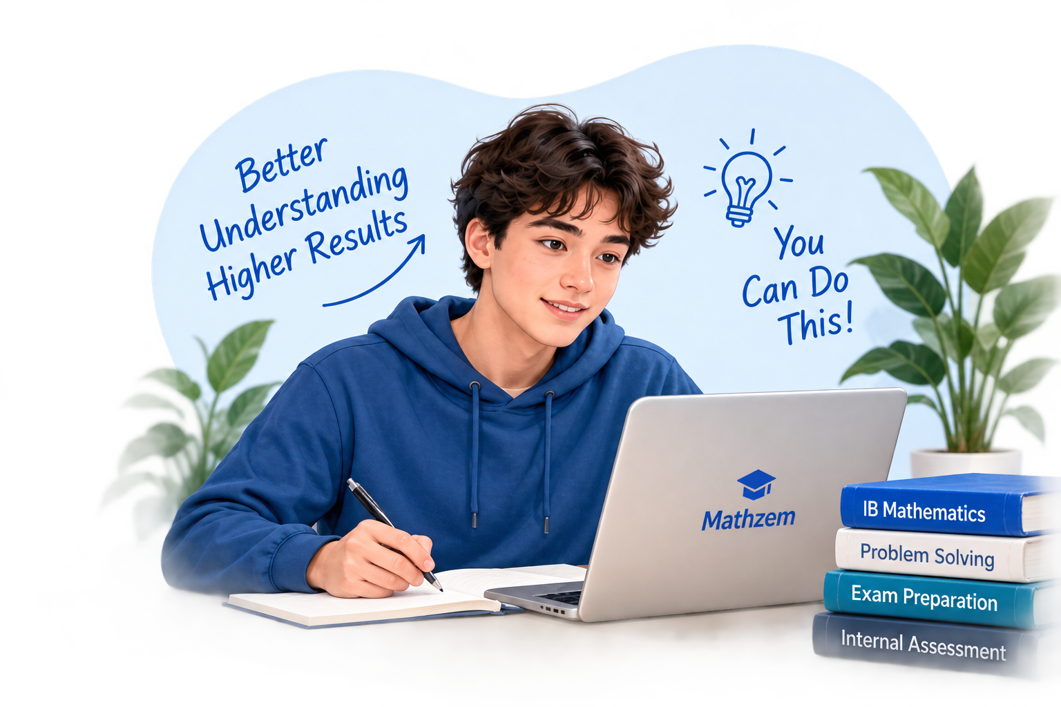 IB Mathematics student studying with a laptop