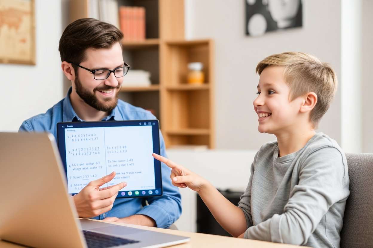 A math tutor provides personalized feedback to a student online, with math problems displayed on the screen in a supportive learning environment.